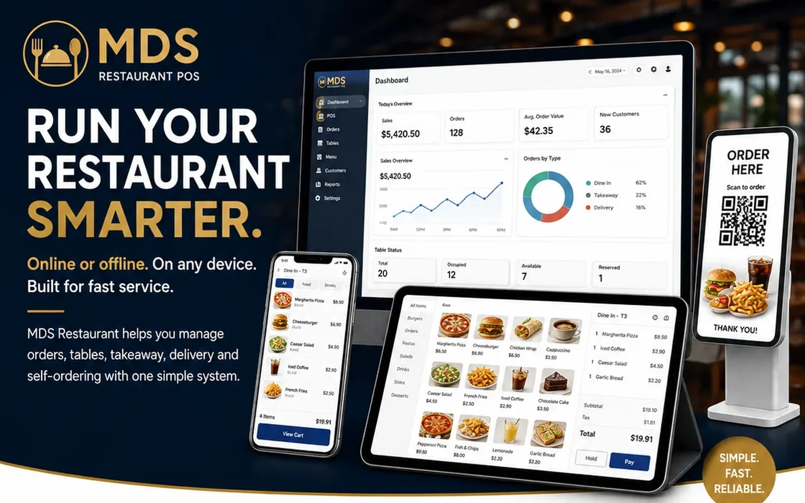 MDS Restaurant POS on computer, tablet and phone